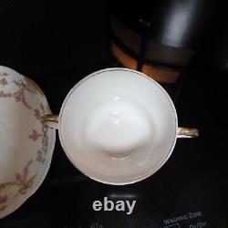 4 Sets LIMOGES G AHRENFELDT two handled gold cup bowl saucer pink garland flower