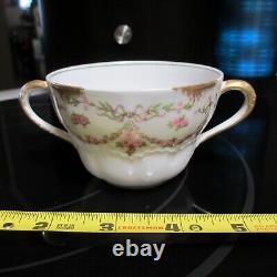 4 Sets LIMOGES G AHRENFELDT two handled gold cup bowl saucer pink garland flower