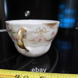 4 Sets LIMOGES G AHRENFELDT two handled gold cup bowl saucer pink garland flower