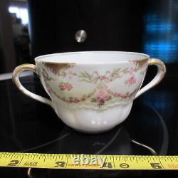 4 Sets LIMOGES G AHRENFELDT two handled gold cup bowl saucer pink garland flower