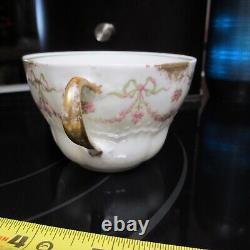 4 Sets LIMOGES G AHRENFELDT two handled gold cup bowl saucer pink garland flower