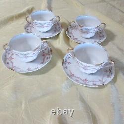 4 Sets LIMOGES G AHRENFELDT two handled gold cup bowl saucer pink garland flower