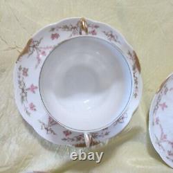 4 Sets LIMOGES G AHRENFELDT two handled gold cup bowl saucer pink garland flower