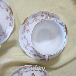 4 Sets LIMOGES G AHRENFELDT two handled gold cup bowl saucer pink garland flower