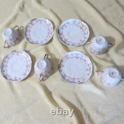 4 Sets LIMOGES G AHRENFELDT two handled gold cup bowl saucer pink garland flower