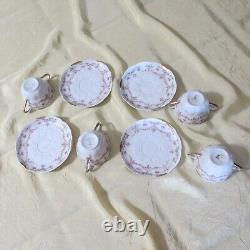 4 Sets LIMOGES G AHRENFELDT two handled gold cup bowl saucer pink garland flower