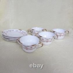 4 Sets LIMOGES G AHRENFELDT two handled gold cup bowl saucer pink garland flower