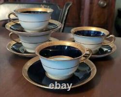 4 T&V Tressemanes Vogt French Limoges Cups & Saucers Conde Style Gold Encrusted