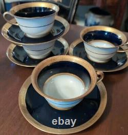 4 T&V Tressemanes Vogt French Limoges Cups & Saucers Conde Style Gold Encrusted