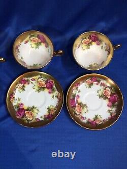 4 Vintage Royal Chelsea Golden Rose China Tea Sets Cups & Saucers