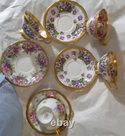 4 Vntg Salisbury Devonshire Violets Bridal Spray Garland Gold Tea Cup & Saucers