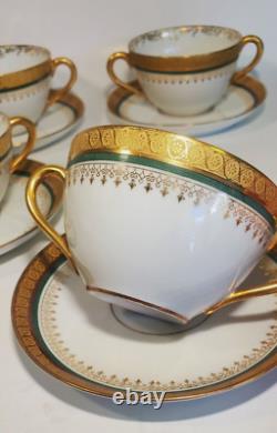 4 William Guerin Limoges Bouillon Cups & Saucers Gold Encrusted Green Band 1901