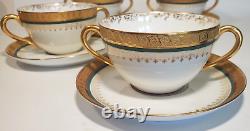 4 William Guerin Limoges Bouillon Cups & Saucers Gold Encrusted Green Band 1901