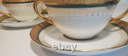 4 William Guerin Limoges Bouillon Cups & Saucers Gold Encrusted Green Band 1901