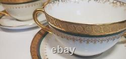 4 William Guerin Limoges Bouillon Cups & Saucers Gold Encrusted Green Band 1901