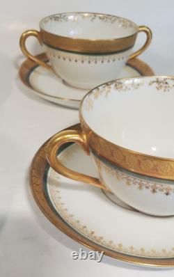 4 William Guerin Limoges Bouillon Cups & Saucers Gold Encrusted Green Band 1901