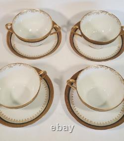 4 William Guerin Limoges Bouillon Cups & Saucers Gold Encrusted Green Band 1901