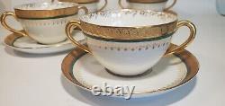 4 William Guerin Limoges Bouillon Cups & Saucers Gold Encrusted Green Band 1901