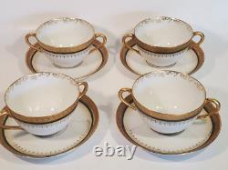 4 William Guerin Limoges Bouillon Cups & Saucers Gold Encrusted Green Band 1901