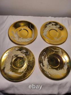 4 ea Vintage Gold luxury Chinese Dragon Porcelain Cups & Saucers & cake plates