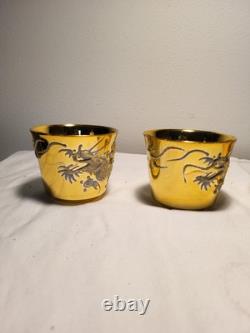 4 ea Vintage Gold luxury Chinese Dragon Porcelain Cups & Saucers & cake plates