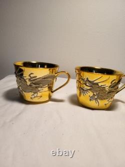 4 ea Vintage Gold luxury Chinese Dragon Porcelain Cups & Saucers & cake plates