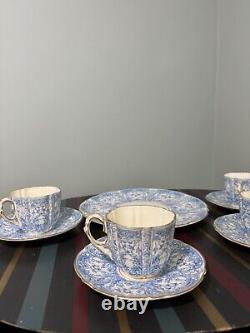 4 x AYNSLEY CHINA BLUE GOLD CUP & SAUCER SET with sandwich plate pattern #8444