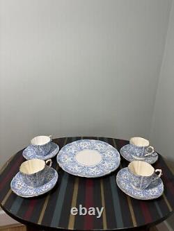 4 x AYNSLEY CHINA BLUE GOLD CUP & SAUCER SET with sandwich plate pattern #8444