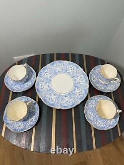 4 x AYNSLEY CHINA BLUE GOLD CUP & SAUCER SET with sandwich plate pattern #8444