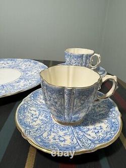 4 x AYNSLEY CHINA BLUE GOLD CUP & SAUCER SET with sandwich plate pattern #8444