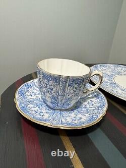 4 x AYNSLEY CHINA BLUE GOLD CUP & SAUCER SET with sandwich plate pattern #8444