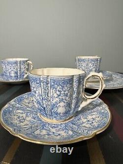 4 x AYNSLEY CHINA BLUE GOLD CUP & SAUCER SET with sandwich plate pattern #8444
