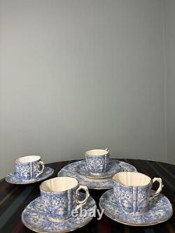 4 x AYNSLEY CHINA BLUE GOLD CUP & SAUCER SET with sandwich plate pattern #8444
