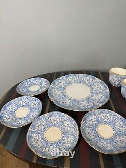 4 x AYNSLEY CHINA BLUE GOLD CUP & SAUCER SET with sandwich plate pattern #8444