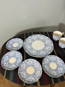4 x AYNSLEY CHINA BLUE GOLD CUP & SAUCER SET with sandwich plate pattern #8444