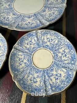4 x AYNSLEY CHINA BLUE GOLD CUP & SAUCER SET with sandwich plate pattern #8444