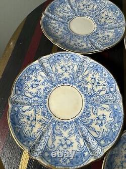 4 x AYNSLEY CHINA BLUE GOLD CUP & SAUCER SET with sandwich plate pattern #8444