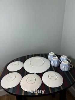 4 x AYNSLEY CHINA BLUE GOLD CUP & SAUCER SET with sandwich plate pattern #8444