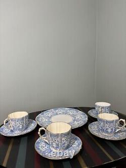 4 x AYNSLEY CHINA BLUE GOLD CUP & SAUCER SET with sandwich plate pattern #8444