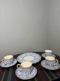 4 x AYNSLEY CHINA BLUE GOLD CUP & SAUCER SET with sandwich plate pattern #8444