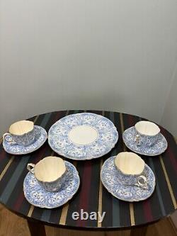 4 x AYNSLEY CHINA BLUE GOLD CUP & SAUCER SET with sandwich plate pattern #8444