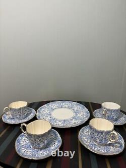 4 x AYNSLEY CHINA BLUE GOLD CUP & SAUCER SET with sandwich plate pattern #8444