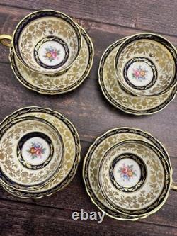 4x Paragon Double Warrant Teacups & Saucers Cabbage Rose In Colbalt & Gold Gilt