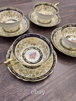4x Paragon Double Warrant Teacups & Saucers Cabbage Rose In Colbalt & Gold Gilt