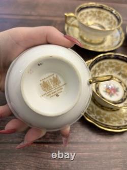 4x Paragon Double Warrant Teacups & Saucers Cabbage Rose In Colbalt & Gold Gilt