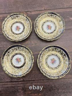 4x Paragon Double Warrant Teacups & Saucers Cabbage Rose In Colbalt & Gold Gilt
