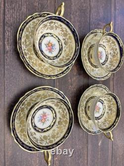 4x Paragon Double Warrant Teacups & Saucers Cabbage Rose In Colbalt & Gold Gilt