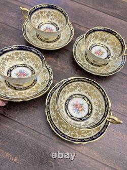 4x Paragon Double Warrant Teacups & Saucers Cabbage Rose In Colbalt & Gold Gilt