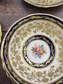 4x Paragon Double Warrant Teacups & Saucers Cabbage Rose In Colbalt & Gold Gilt
