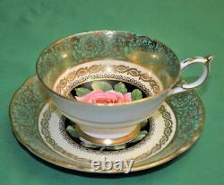 50s PARAGON Gold Scroll on Green Center Pink CABBAGE ROSE #A1545 Set Cup Saucer